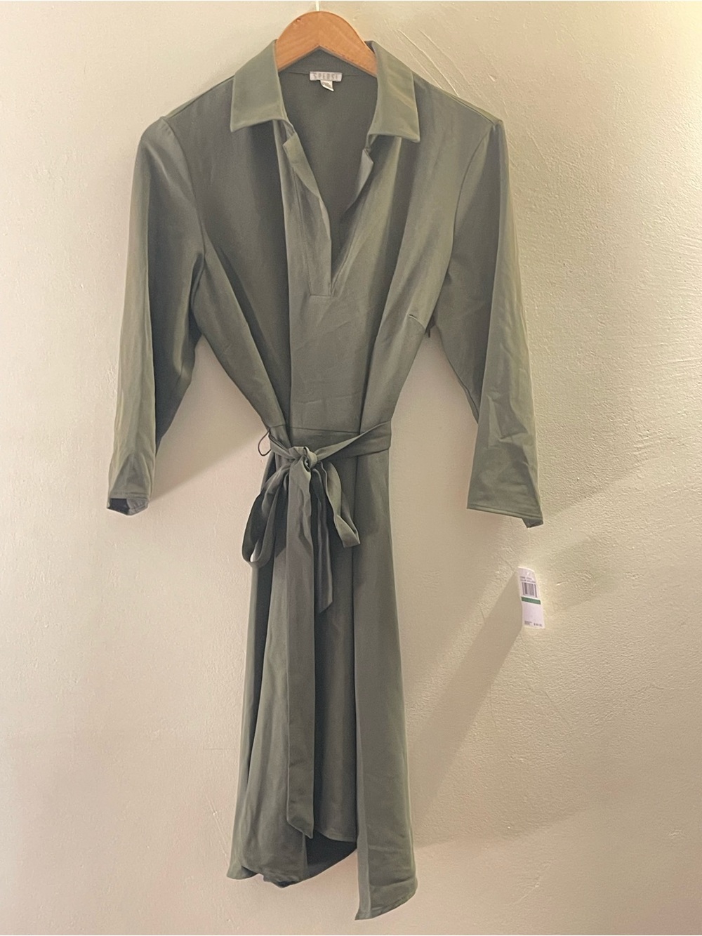 Spense Olive Green Midi Shirt Dress with Tie Waist